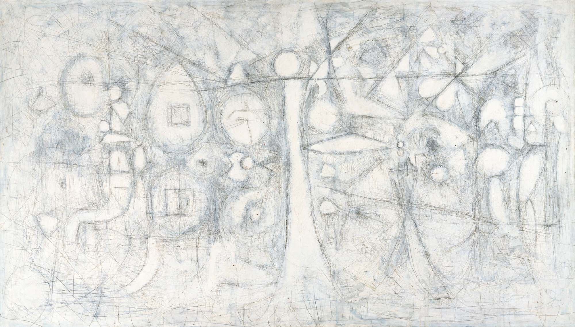 White Garden, Fugue, 1951, Oil and graphite on linen, 48 x 84 in. (121.9 x 213.4 cm)
 – The Richard Pousette-Dart Foundation
