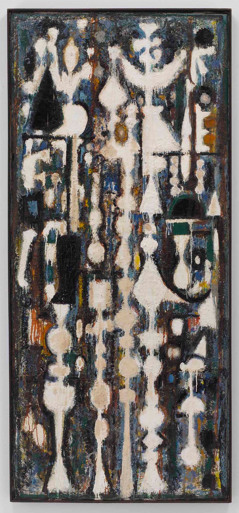 Pillars of Odysseus, 1949, Oil enamel, and collage on canvas, 80 x 35 in. (203.2 x 88.9 cm)
 – The Richard Pousette-Dart Foundation