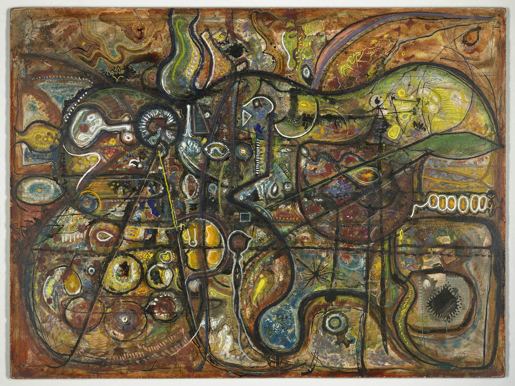 Passacaglia
1941–42
Watercolor and oil on gesso board
18 x 24 in. (45.7 x 61 cm)
The Morgan Library & Museum, New York
 – The Richard Pousette-Dart Foundation