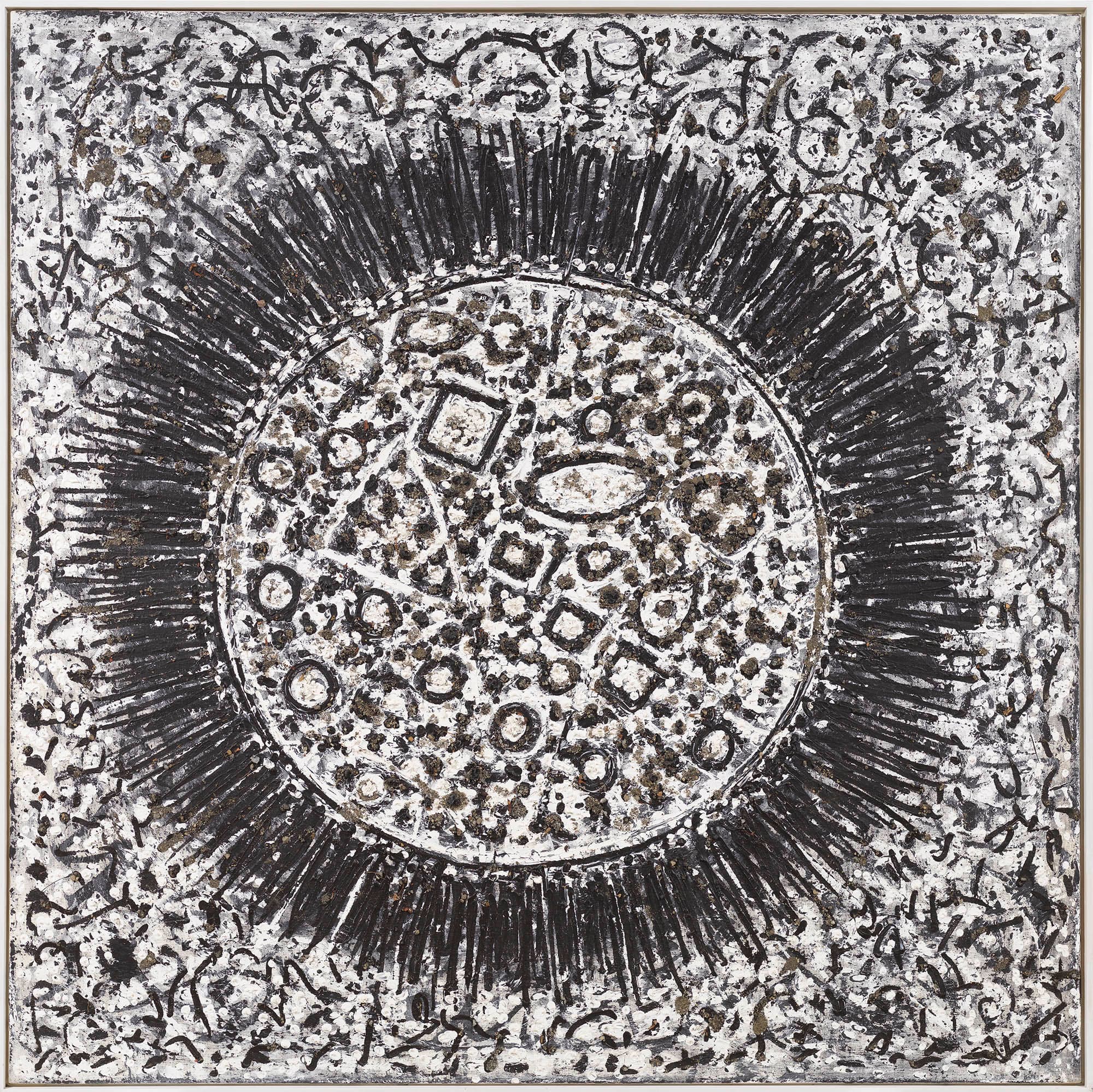 _Burning Black Circle (Radiance, Fiery Circle)_, 1978–80, acrylic gravel, wood chips, leaves, and sticks on linen, 80 x 80 in. (203.2 x 203.2 cm)
 – The Richard Pousette-Dart Foundation