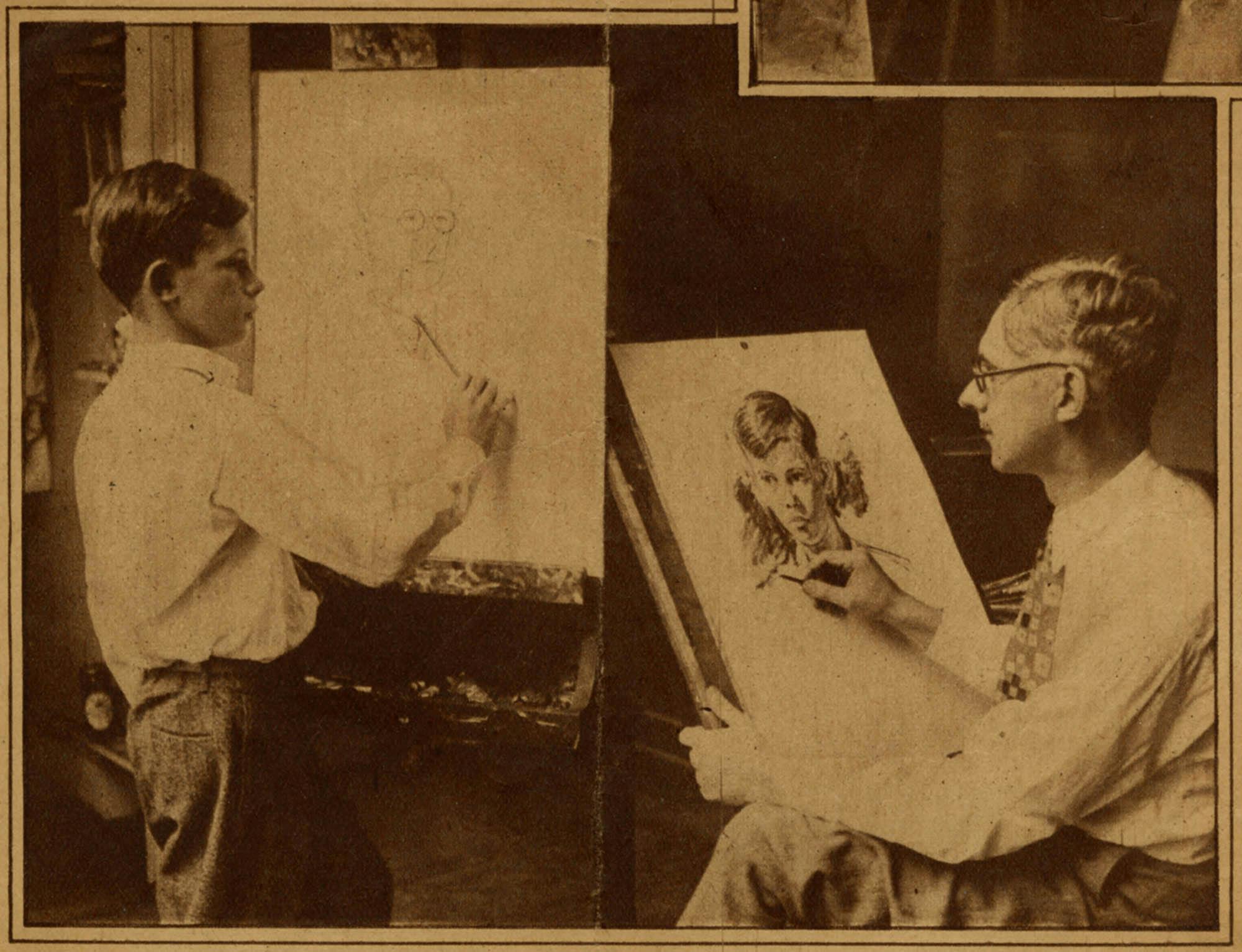 In 1928, Nathaniel Pousette-Dart and 12 year old Richard drawing each other’s portraits. The father-son image appeared in 16 newspapers nationally.
 – The Richard Pousette-Dart Foundation
