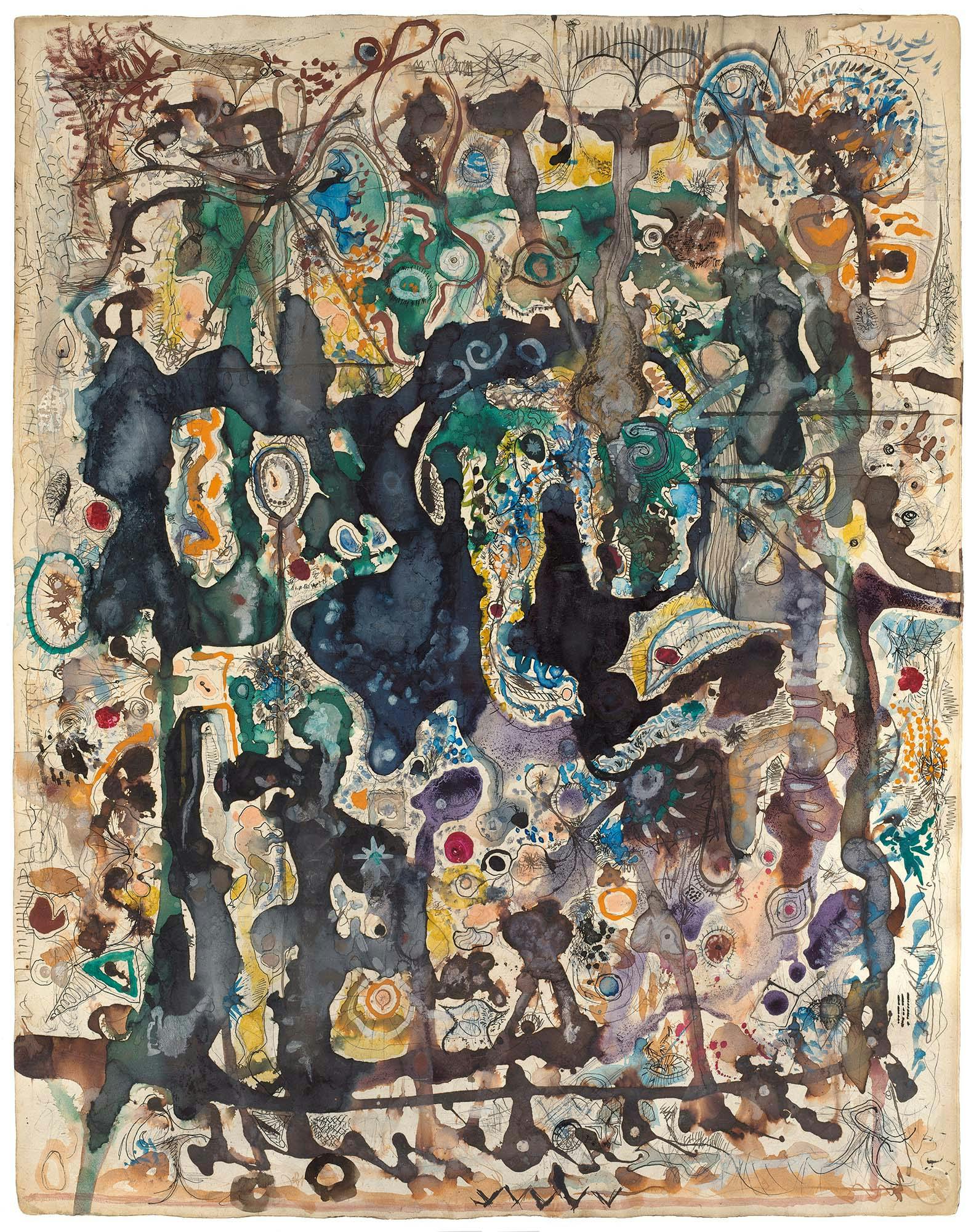 Ionizations III
1944
Watercolor gouache, graphite, and ink on handmade paper on handmade wove paper
29 x 22 7/8 in. (73.7 x 58.1 cm)
 – The Richard Pousette-Dart Foundation
