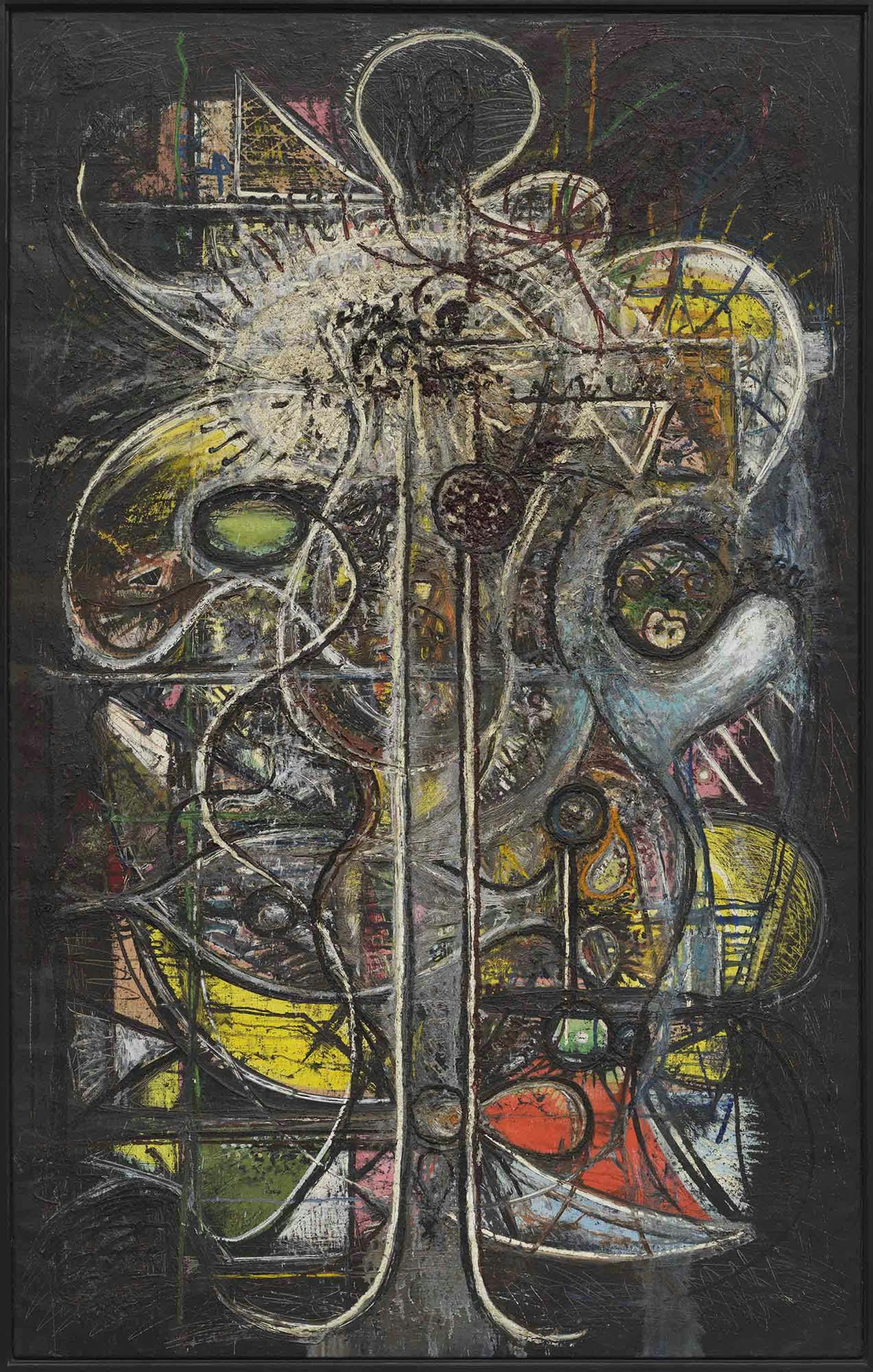 Crucifixion, Comprehension of the Atom
1944
Oil on linen
77 5/8 x 49 1/8 in. (197.2 x 124.8 cm)
 – The Richard Pousette-Dart Foundation