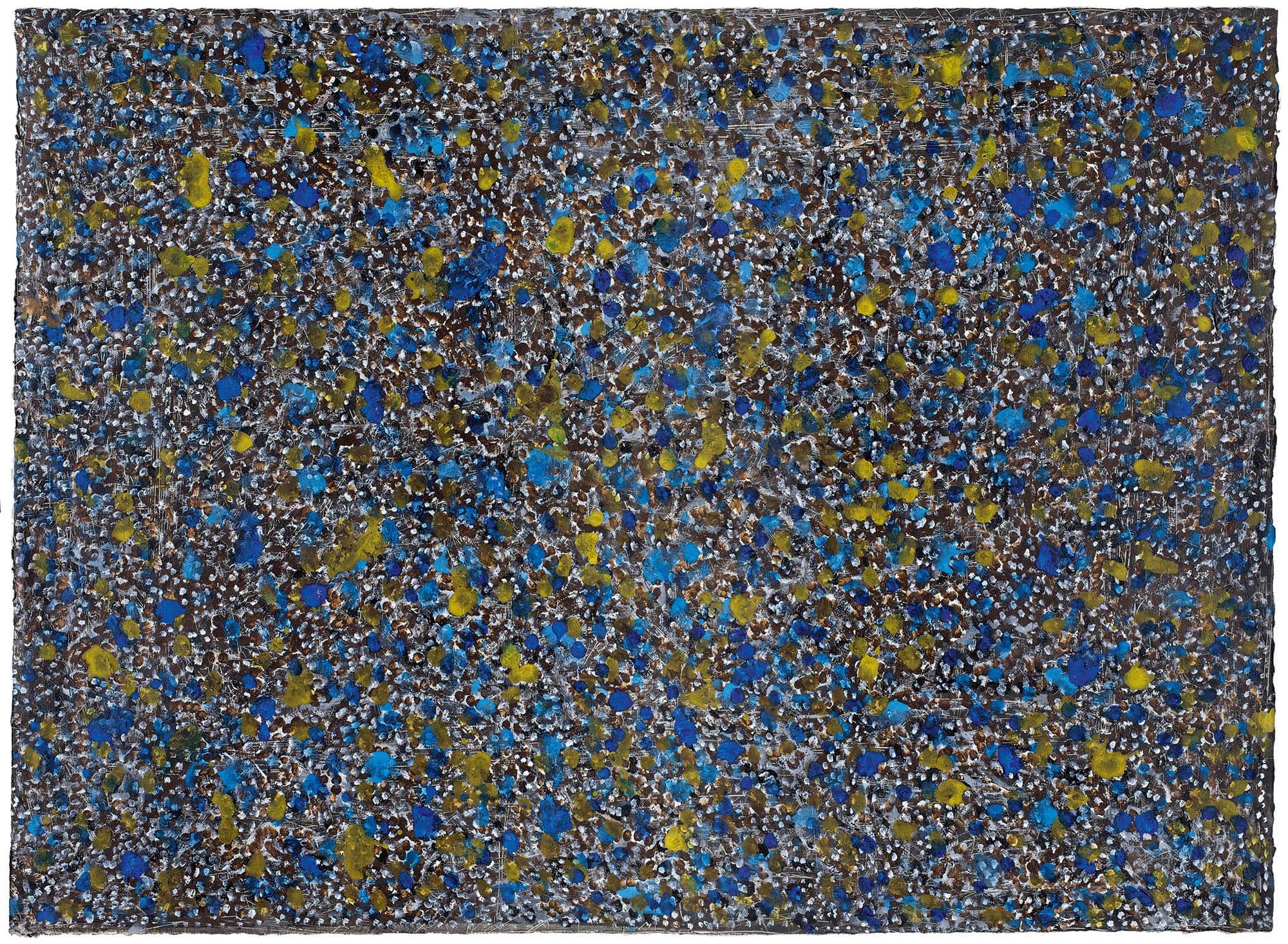 Sylvia (Spring, Rocks, and Daffodils), Printed 1979–81,, Painted 1985–88, Acrylic paint over aquatint, with scraping, printed in dark gray ink on wove paper, 30 3/4 x 42 3/8 in. (78.1 x 107.5 cm)
– The Richard Pousette-Dart Foundation