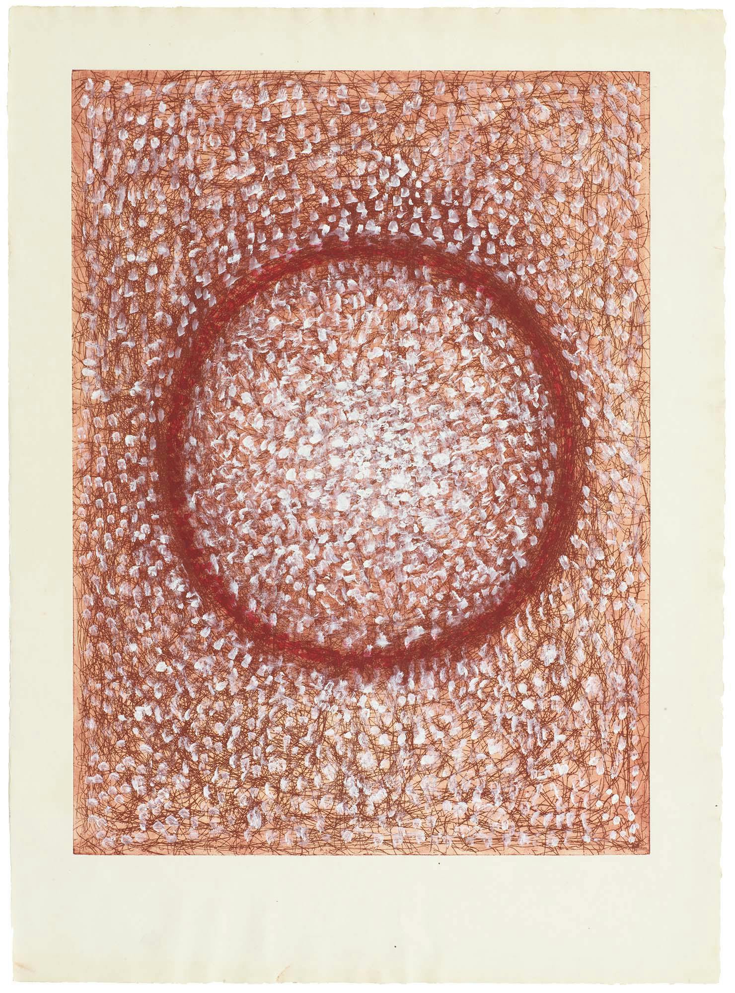 Indian Circle
1980
Etching with gouache and acrylic
21 1/2 x 29 1/2 in. (54.6 x 74.9 cm)
Plate: 17 1/2 x 23 3/4 in. (44.5 x 60.3 cm)
Sheet: 21 3/4 x 29 1/2 in. (55.2 x 74.9 cm)
 – The Richard Pousette-Dart Foundation