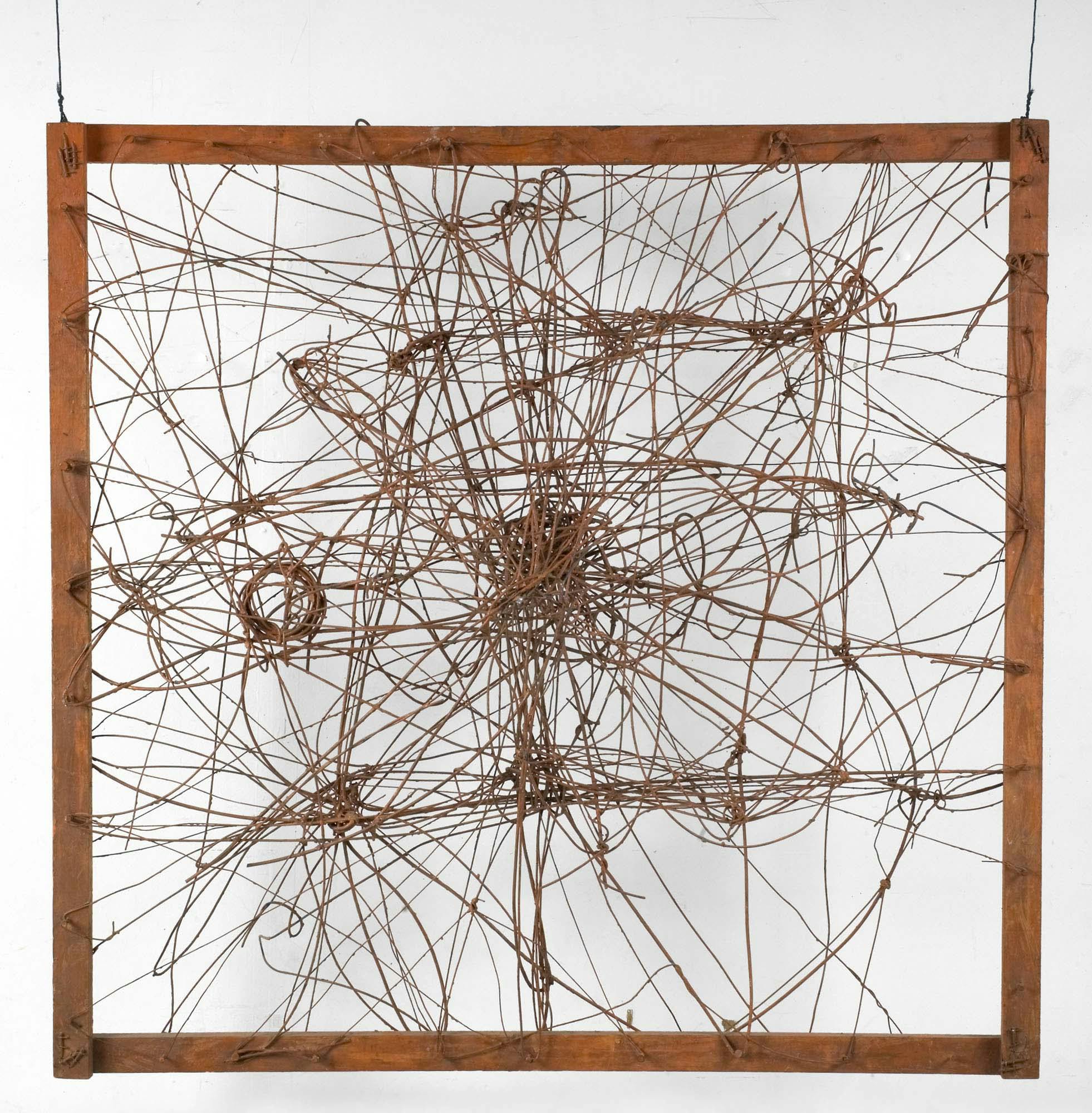 Untitled (The Web and, Wall Sculpture)
1950
Steel wire and wood frame, painted orange
50 x 50 x 18 in. (127 x 127 x 45.7 cm)
 – The Richard Pousette-Dart Foundation