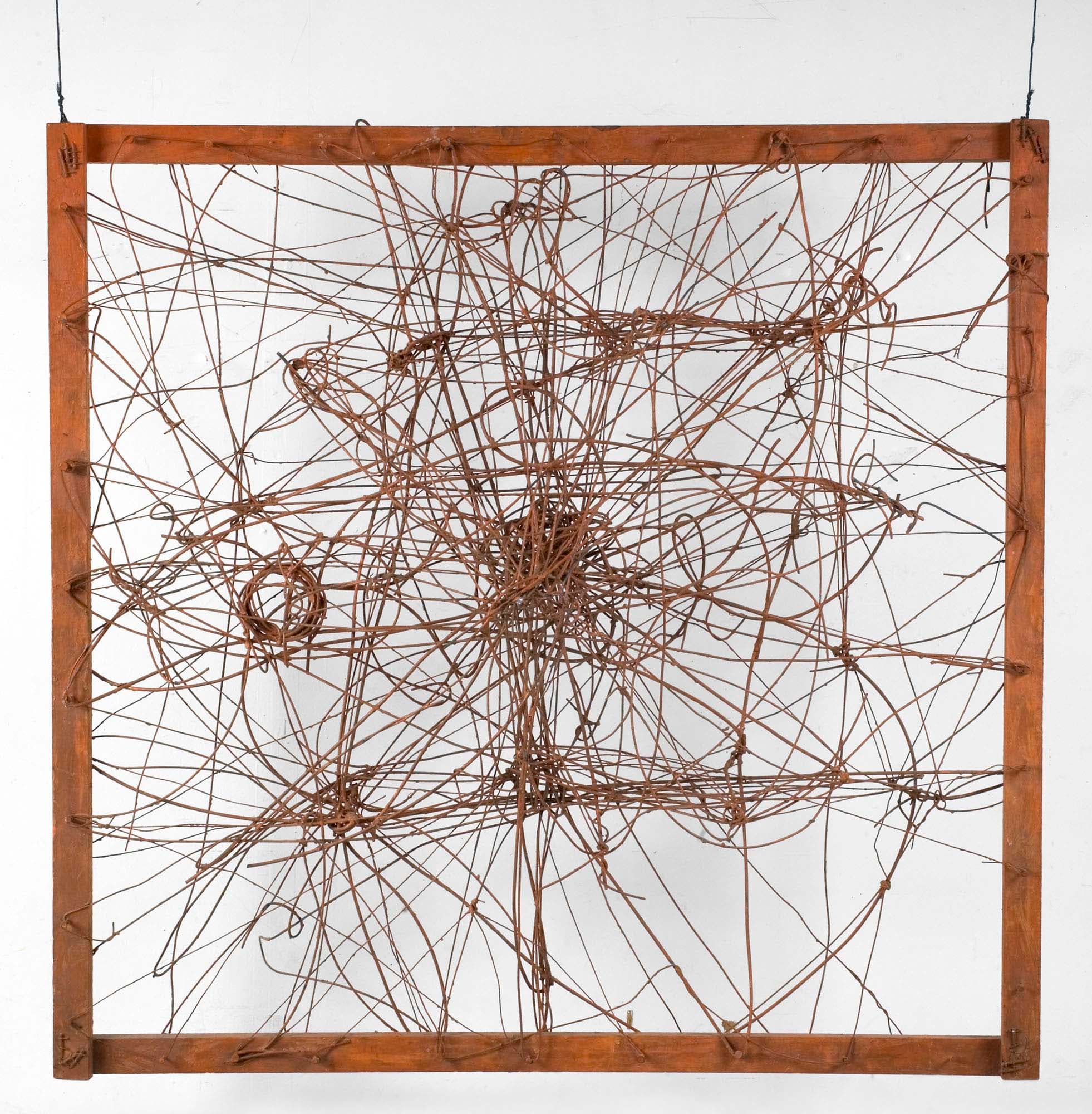 Untitled (The Web and, Wall Sculpture), 1950, Steel wire and wood frame, painted orange, 50 x 50 x 18 in. (127 x 127 x 45.7 cm)
 – The Richard Pousette-Dart Foundation
