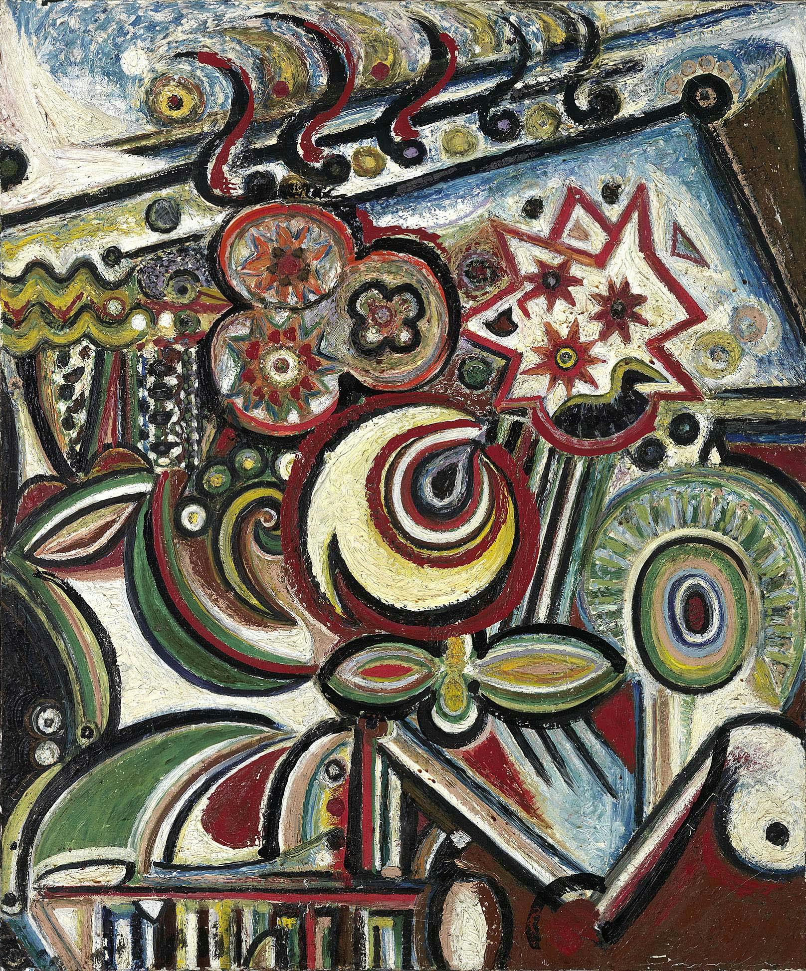 Play of Fire
1944
Oil on canvas
36 1/4 x 30 in. (92.1 x 76.2 cm)
Smith College Museum of Art, Northampton, MA, Gift of Jonathan Marshall (1955:17)
 – The Richard Pousette-Dart Foundation